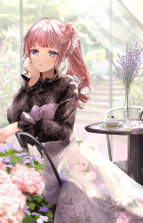 Rule 34 | 1girl, absurdres, black shirt, blouse, blurry, blurry background, cake, cake slice, chair, curly hair, floral print, flower, food, fork, hair ornament, hand rest, head rest, highres, juliet sleeves, long hair, long skirt, long sleeves, looking at viewer, original, pink hair, ponytail, puffy sleeves, puracotte, shirt, sidelocks, sitting, sitting backwards, skirt, solo, table, vase