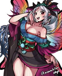 Rule 34 | 1girl, black kimono, blue kimono, breasts, butterfly wings, crown of thorns, facial mark, fairy wings, fire emblem, fire emblem heroes, forehead mark, highres, insect wings, japanese clothes, kimono, large breasts, multicolored clothes, multicolored kimono, nintendo, official alternate costume, plumeria (fire emblem), plumeria (new year) (fire emblem), red trim, sbql (niaunclefan), single bare shoulder, thorns, wings