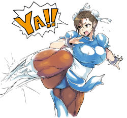 Rule 34 | 1990s (style), 1girl, absurdres, bad id, bad pixiv id, boots, bracelet, breasts, brown eyes, brown hair, cameltoe, capcom, chun-li, double bun, hair bun, highres, jewelry, large breasts, meme50, muscular, muscular female, pantyhose, pelvic curtain, retro artstyle, sash, shouting, simple background, solo, spiked bracelet, spikes, street fighter, street fighter ii (series), thick thighs, thighs, veins, white background