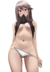 Rule 34 | 1girl, black shirt, breasts, brown eyes, clothes lift, commission, from below, grey hair, hair between eyes, hair ornament, hairclip, haruna (kancolle), highres, kantai collection, lifted by self, long hair, medium breasts, mouth hold, navel, panties, pixiv commission, shirt, shirt lift, simple background, sleeveless, sleeveless shirt, solo, tama (tamago), torso flash, underboob, underwear, white panties