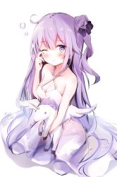 Rule 34 | 1girl, ahoge, azur lane, bare arms, bare shoulders, black ribbon, blush, breasts, closed mouth, commentary request, dress, full body, hair between eyes, hair bun, hair ribbon, halterneck, highres, hyurasan, long hair, looking at viewer, medium breasts, hugging object, one eye closed, one side up, purple eyes, purple hair, ribbon, rubbing eyes, side bun, simple background, single hair bun, single side bun, sitting, sleepy, solo, stuffed animal, stuffed pegasus, stuffed toy, stuffed winged unicorn, tears, unicorn (azur lane), very long hair, wariza, white background, white dress