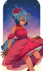 Rule 34 | 1girl, animal ears, bare shoulders, blue hair, blush, body fur, brand new animal, breasts, commentary request, dress, feet out of frame, flower, frilled dress, frills, furry, furry female, hair flower, hair ornament, highres, imori (lizzy), kagemori michiru, looking at viewer, looking back, medium breasts, outside border, raccoon ears, raccoon girl, raccoon tail, red dress, red flower, short hair, smile, solo, sparkle, sweatdrop, tail