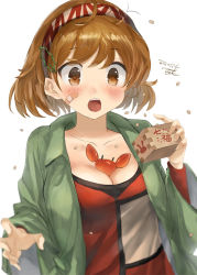 Rule 34 | 1girl, 1other, bad id, bad twitter id, bandaid, bandaid on face, beans, blurry, blush, breasts, brown eyes, cleavage, collarbone, crab, dated, depth of field, green jacket, jacket, kantai collection, large breasts, light brown hair, long sleeves, masu, oboro (kancolle), open mouth, pet, short hair, signature, simple background, toka (marchlizard), upper body, white background