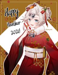 Rule 34 | 1girl, 2021, alternate costume, alternate hairstyle, artist request, blue eyes, blush, bow, commentary, double bun, english commentary, envelope, hair bow, hair bun, happy new year, highres, holding, holding envelope, japanese clothes, kimono, new year, obake pam, obi, open mouth, playasia, red bow, sash, second-party source, silver hair, solo, twitter username, virtual youtuber, wide sleeves, yukata