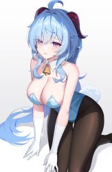 Rule 34 | 1girl, absurdres, ahoge, animal ears, bare shoulders, bell, black pantyhose, blue hair, blue leotard, blush, breasts, cleavage, commentary, english commentary, fake animal ears, ganyu (genshin impact), genshin impact, gloves, gluteal fold, highres, horns, hyoin, large breasts, leotard, light smile, long hair, looking at viewer, neck bell, pantyhose, purple eyes, rabbit tail, seiza, sidelocks, sitting, solo, tail, thigh gap, thighs, white gloves