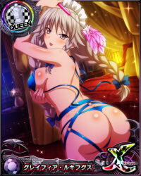 Rule 34 | 1girl, ass, blue bow, blush, bow, breasts, butt crack, card (medium), chess piece, duster, feather duster, female focus, grayfia lucifuge, grey hair, hair bow, high school dxd, holding, large breasts, long hair, looking at viewer, maid headdress, matching hair/eyes, night, o-ring, official art, parted lips, queen (chess), sideboob, solo, thong, twintails