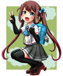 Rule 34 | 10s, 1girl, aqua eyes, asagumo (kancolle), backpack, bad id, bad pixiv id, bag, brown hair, character doll, elbow gloves, fang, fingerless gloves, full body, gloves, hair ribbon, highres, jougenmushi, kantai collection, charm (object), kneeling, loafers, long hair, open mouth, pleated skirt, randoseru, ribbon, school uniform, shirt, shoes, skirt, smile, squatting, suspenders, transparent background, twintails, v, white shirt, yamagumo (kancolle)
