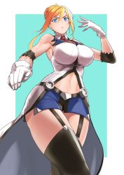 Rule 34 | 1girl, anagumasan, armpits, black thighhighs, blazblue, blazblue remix heart, blonde hair, blue eyes, blush, breasts, closed mouth, cowboy shot, estella mckenzie, garter straps, gloves, hair bun, highres, large breasts, looking at viewer, looking down, navel, necktie, outside border, red necktie, single hair bun, solo, standing, taut clothes, thighhighs, v-shaped eyebrows, white gloves