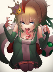 Rule 34 | 1girl, absurdres, at2., bare shoulders, blonde hair, blue eyes, breasts, colored tips, egg, elbow gloves, fingerless gloves, gloves, hair between eyes, highres, kneeling, leaning forward, long hair, long tongue, looking at viewer, mario (series), multicolored hair, new super mario bros. u deluxe, nintendo, open mouth, personification, pointy ears, ponytail, small breasts, solo, super crown, thighhighs, tilted headwear, tongue, yoshi