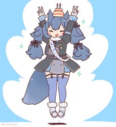 Rule 34 | 1girl, animal ears, anniversary, arms up, blue background, blue hair, bow, bowtie, coroha, dire wolf (kemono friends), extra ears, full body, garter straps, gloves, jacket, jumping, kemono friends, kemono friends v project, long hair, ribbon, scarf, shoes, simple background, skirt, solo, tail, thighhighs, twintails, v, virtual youtuber, wolf ears, wolf girl, wolf tail