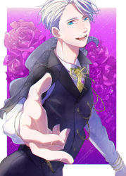 Rule 34 | 1boy, absurdres, blue eyes, chain, chain, collared shirt, flower, foreshortening, gold chain, highres, male focus, necktie, open mouth, outstretched hand, red flower, red rose, rose, shirt, silver hair, smile, viktor nikiforov, waistcoat, yanagi tari, yuri!!! on ice