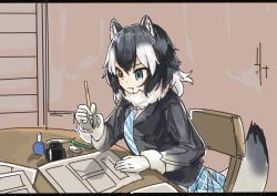 Rule 34 | 10s, 1girl, animal ears, black hair, blue eyes, chair, closed mouth, coat, commentary, eraser, fang, fang out, gloves, grey hair, grey wolf (kemono friends), heterochromia, highres, ink, kemono friends, long hair, long sleeves, multicolored hair, necktie, nib pen (object), omnisucker, paper, pen, pencil, plaid, plaid necktie, plaid neckwear, plaid skirt, pleated skirt, sitting, skirt, sleeve cuffs, solo, table, tail, white gloves, white hair, wolf ears, wolf tail, yellow eyes