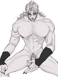 Rule 34 | 1boy, abs, chain12123871, completely nude, dio brando, highres, jewelry, jojo no kimyou na bouken, large pectorals, long hair, male focus, male pubic hair, muscular, muscular male, navel, nipple piercing, nipples, nude, pectorals, penis, piercing, pubic hair, ring, smile, solo, stardust crusaders, wristband