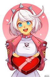 Rule 34 | 1girl, absurdres, ahoge, artist name, blue eyes, bob cut, box, bracelet, breasts, collar, elphelt valentine, fingerless gloves, gift, gloves, guilty gear, guilty gear strive, hairband, happy valentine, heart-shaped box, highres, holding, holding gift, huge ahoge, jacket, jewelry, large breasts, pink hairband, pink jacket, short hair, smgold, solo, spiked bracelet, spiked collar, spiked hairband, spiked jacket, spikes, swept bangs, two-tone dress, valentine, white hair
