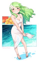 Rule 34 | 1girl, absurdres, bare shoulders, blush, breasts, dress, feet, flower, food, full body, fusa (starless2323), green eyes, green hair, grin, hair flower, hair ornament, highres, long hair, looking at viewer, md5 mismatch, medium breasts, morinaka kazaki, nijisanji, resized, resolution mismatch, see-through, shoes, smile, solo, source smaller, standing, upscaled, virtual youtuber, water, wristband