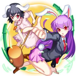 Rule 34 | 2girls, animal ears, bamboo, black hair, dress, finger gun, fps, full moon, glowing, glowing eyes, hammer, inaba tewi, jacket, jewelry, long hair, long sleeves, looking at viewer, miniskirt, moon, multiple girls, necklace, necktie, open mouth, outstretched arm, pink dress, puffy sleeves, purple hair, rabbit ears, rabbit girl, rabbit tail, red eyes, reisen udongein inaba, shirt, shoes, short hair, short sleeves, skirt, smile, tail, touhou, white background