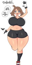Rule 34 | 1girl, aged up, ahoge, alternate breast size, black shorts, black socks, blue eyes, blush, bouncing breasts, breasts, brown hair, creatures (company), dot nose, earrings, english text, female focus, game freak, globes, highres, huge breasts, jewelry, knees, legs, looking at viewer, may (pokemon), midriff, motion lines, navel, nintendo, one leg raised, open mouth, pokemon, pokemon rse, red footwear, saltyxodium, salute, shiny clothes, shiny skin, shoes, short hair, shorts, simple background, skin tight, skindentation, socks, solo, speech bubble, sports bra, sportswear, standing, teeth, thick thighs, thighs, tongue, upper teeth only, walking, white background, wide hips