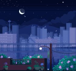 Rule 34 | animated, animated gif, bird, building, city, cloud, crescent moon, flickering, flower, flower pot, jubilee (8pxl), lamppost, landscape, moon, night, night sky, no humans, outdoors, pixel art, power lines, reflection, seattle, shooting star, sky, skyline, skyscraper, space needle, train, water