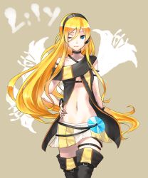 Rule 34 | 1girl, akabino, blonde hair, blue eyes, boots, cable, cd, female focus, headphones, highres, lily (vocaloid), long hair, microskirt, navel, one eye closed, plant, pleated skirt, skirt, smile, solo, thigh boots, thighhighs, very long hair, vocaloid, wink, yellow skirt, zettai ryouiki