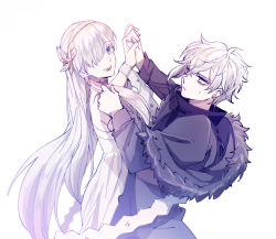 Rule 34 | 1boy, 1girl, anastasia (fate), blue eyes, dancing, dress, fate/grand order, fate (series), fur trim, hair over one eye, hairband, holding hands, hand on another&#039;s shoulder, jacket, kadoc zemlupus, long hair, looking at another, ribbon, silver hair, tsengyun, white background, yellow eyes