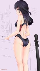 Rule 34 | 1girl, absurdres, agatsuma kaede, alice gear aegis, ass, black eyes, black hair, black one-piece swimsuit, blunt bangs, commentary request, competition swimsuit, computer, feet out of frame, from behind, grey background, highres, looking at viewer, one-piece swimsuit, rasen manga, solo, standing, swimsuit