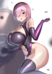 Rule 34 | 1girl, black legwear, black leotard, breasts, clothing cutout, fate/grand order, fate (series), gloves, hair over one eye, highres, holding, holding shield, large breasts, leotard, light purple hair, looking at viewer, mash kyrielight, navel cutout, purple gloves, shield, shiny skin, short hair, solo, thighs, tsukunendo