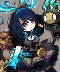 Rule 34 | 1girl, alice (sinoalice), belt, black belt, black gloves, black thighhighs, blue hair, blue hairband, breasts, cleavage, closed mouth, cowboy shot, diamond (shape), dress, elbow gloves, empty eyes, eyebrows, eyes visible through hair, frown, gloves, grey background, grey dress, hair between eyes, hairband, highres, holding, holding sword, holding weapon, huge weapon, looking up, medium breasts, no pupils, orange eyes, short dress, short hair, sinoalice, solo, sword, thighhighs, weapon, yknsugar, zettai ryouiki
