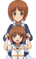 Rule 34 | 10s, 2girls, aged down, artist name, bad id, bad pixiv id, blush, brown eyes, brown hair, collarbone, commentary, girls und panzer, headphones, holding, jacket, long sleeves, looking at viewer, media factory, military, military uniform, multiple girls, nishizumi miho, open mouth, shirt, short hair, signature, smile, solokov (okb-999), standing, striped clothes, striped shirt, time paradox, uniform, white background