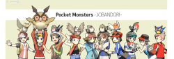 Rule 34 | 6+boys, arms up, backpack, backwards hat, bag, baseball cap, beanie, bird, black hair, black wristband, blue jacket, blush, bracelet, brendan (pokemon), brown eyes, brown hair, buttons, cable knit, calem (pokemon), clenched hand, clenched teeth, closed mouth, collared shirt, copyright name, creatures (company), elio (pokemon), ethan (pokemon), eyelashes, eyewear on headwear, fletchling, game freak, gen 1 pokemon, gen 2 pokemon, gen 3 pokemon, gen 4 pokemon, gen 5 pokemon, gen 6 pokemon, gen 7 pokemon, gen 8 pokemon, green bag, grey eyes, grey headwear, hat, highres, hilbert (pokemon), holding, holding pokemon, holding strap, hoothoot, jacket, jewelry, long sleeves, looking at viewer, looking back, looking down, lucas (pokemon), male focus, multiple boys, nate (pokemon), nintendo, on head, one eye closed, open mouth, outstretched arms, pidgey, pidove, pikipek, pokemon, pokemon (creature), pokemon bw, pokemon bw2, pokemon dppt, pokemon frlg, pokemon hgss, pokemon on head, pokemon oras, pokemon sm, pokemon swsh, pokemon usum, pokemon xy, red (pokemon), red headwear, red shirt, rookidee, scarf, shirt, short hair, short sleeves, sleeves rolled up, smile, starly, striped clothes, striped shirt, sunglasses, taillow, teeth, tongue, victor (pokemon), visor cap, vs seeker, wristband, yamanashi taiki, yellow bag, zipper pull tab