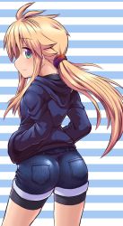 Rule 34 | 1girl, antenna hair, ass, bike shorts, bike shorts under shorts, black hoodie, black shorts, blonde hair, blue shorts, closed mouth, denim, denim shorts, from behind, green eyes, hair between eyes, hair ornament, hair tie, hands in pockets, highres, hood, hood down, hoodie, jacket, koshirae tsurugi (m.m), legs apart, long hair, long sleeves, looking at viewer, looking back, low ponytail, m.m, open clothes, open hoodie, original, pocket, ponytail, short shorts, shorts, sidelocks, smile, solo, standing, striped, striped background