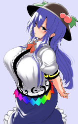 Rule 34 | 1girl, akure ekuto, apron, arms behind back, black eyes, blouse, blue hair, blue skirt, bow, bowtie, breasts, brown footwear, buttons, dress shirt, food, frills, fruit, grey background, hat, highres, hinanawi tenshi, large breasts, leaf, long hair, neck ribbon, peach, puffy short sleeves, puffy sleeves, rainbow order, red bow, ribbon, shirt, shoes, short sleeves, simple background, skirt, tight clothes, touhou, white shirt, wing collar