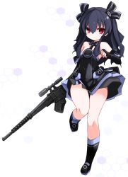 Rule 34 | 1girl, :&lt;, bare legs, bare shoulders, black dress, black footwear, black gloves, black hair, black ribbon, blush, closed mouth, commentary request, dress, elbow gloves, flat chest, full body, gloves, gluteal fold, gun, hair ornament, hair ribbon, hexagon, highres, holding, holding gun, holding weapon, karukan (monjya), leg up, long hair, looking at viewer, neptune (series), red eyes, revision, ribbon, rifle, scope, serious, sidelocks, sleeveless, sleeveless dress, smile, sniper rifle, solo, standing, standing on one leg, thigh gap, two side up, uni (neptunia), v-shaped eyebrows, weapon, white background