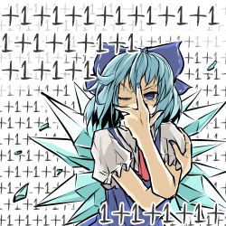 Rule 34 | 1girl, blue dress, blue eyes, blue hair, cirno, collared shirt, dress, hand on own face, highres, ice, ice wings, math, one eye closed, peroponesosu., pinafore dress, red neckwear, red ribbon, ribbon, shirt, short hair, simple background, sleeveless dress, solo, touhou, white background, white shirt, wings