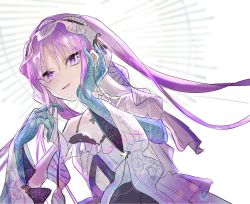Rule 34 | 1girl, blue gloves, choker, detached sleeves, dress, elbow gloves, euryale (fate), euryale (lostroom outfit) (fate), fate/grand order, fate (series), frilled dress, frilled hairband, frills, gloves, hairband, halo, hand on own cheek, hand on own face, highres, lolita hairband, long hair, looking at viewer, modotteku, purple eyes, purple hair, twintails, upper body, white background, white choker, white dress