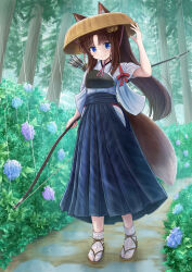 Rule 34 | 1girl, absurdres, animal ear fluff, animal ears, arm up, bell, blue eyes, blue flower, blue hakama, bow (weapon), brown footwear, brown headwear, closed mouth, commentary request, day, ears through headwear, flower, forest, fox ears, fox girl, fox tail, full body, hair bell, hair ornament, hakama, hakama skirt, hand on headwear, highres, holding, holding bow (weapon), holding weapon, iroha (iroha matsurika), japanese clothes, jingle bell, kimono, long hair, long sleeves, muneate, nature, original, outdoors, parted bangs, ponytail, purple flower, rain, sandals, short sleeves, sidelocks, skirt, smile, socks, solo, tabi, tail, tasuki, tree, very long hair, weapon, wet, wet clothes, wet legwear, wet socks, white kimono, white socks, wide sleeves, yumi (bow), zouri