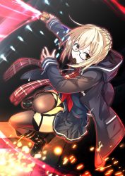 Rule 34 | 1girl, absurdres, ahoge, artoria pendragon (all), artoria pendragon (fate), black-framed eyewear, black thighhighs, blonde hair, braid, candy, chocolate, chocolate heart, dark persona, excalibur (fate/stay night), fate/grand order, fate (series), food, glasses, heart, highres, looking at viewer, mouth hold, mysterious heroine x alter (fate), mysterious heroine x alter (first ascension) (fate), plaid, plaid scarf, red scarf, saber (fate), saiki rider, scarf, school uniform, semi-rimless eyewear, solo, sword, thighhighs, under-rim eyewear, weapon, yellow eyes