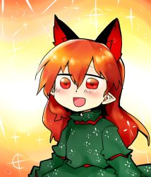 Rule 34 | 1girl, alternate hairstyle, animal ears, bad id, bad pixiv id, blush, cat ears, cat girl, female focus, hair down, kaenbyou rin, long hair, long sleeves, mizuga, open mouth, pointy ears, red eyes, red hair, solo, sparkle, touhou