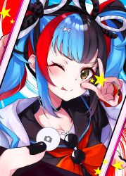 Rule 34 | 1girl, ;p, absurdres, arm up, black choker, black hair, black nails, black sailor collar, black shirt, blue hair, bow, breasts, brown eyes, cellphone, choker, commentary request, fate/grand order, fate (series), female pov, hair bow, hair ornament, hairclip, highres, holding, holding phone, jacket, long hair, long sleeves, looking at viewer, multicolored hair, na-code (gurich), neckerchief, one eye closed, open clothes, phone, portrait, pov, pov hands, red hair, red neckerchief, sailor collar, sei shounagon (fate), selfie, shirt, sidelocks, smartphone, smile, solo, star (symbol), sunglasses, tongue, tongue out, twintails, unworn eyewear, v over eye, white jacket