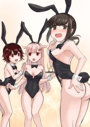 Rule 34 | 3girls, animal ears, ass, bare legs, black eyes, black hair, black leotard, black neckwear, black ribbon, blonde hair, bobokuboboku, bow, bowtie, breasts, brown hair, champagne flute, cleavage, commission, cowboy shot, cup, detached collar, drinking glass, embarrassed, fake animal ears, fubuki (kancolle), gradient hair, hair flaps, hair ornament, hair ribbon, hairclip, highres, kantai collection, leotard, long hair, low ponytail, medium breasts, multicolored hair, multiple girls, mutsuki (kancolle), open mouth, playboy bunny, ponytail, rabbit ears, rabbit tail, red eyes, red hair, ribbon, short hair, short ponytail, sidelocks, standing, strapless, strapless leotard, tail, thong leotard, tray, wrist cuffs, yuudachi (kancolle)