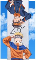 Rule 34 | 2boys, black hair, blonde hair, blue sky, closed eyes, commentary, commentary request, facial mark, forehead protector, goggles, hand on own hip, highres, insignia, long sleeves, looking at viewer, male focus, multiple boys, naruto, naruto (series), ninja, one eye closed, pnpk 1013, short hair, sky, smile, spiked hair, teeth, uchiha obito, uzumaki naruto, whisker markings