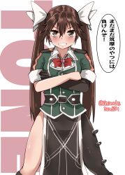 Rule 34 | 1girl, absurdres, asymmetrical legwear, black gloves, black thighhighs, brown eyes, brown hair, character name, cowboy shot, crossed legs, elbow gloves, feet out of frame, gloves, green shirt, hair ribbon, highres, kantai collection, kitahama (siroimakeinu831), long hair, looking at viewer, military uniform, one-hour drawing challenge, pelvic curtain, ribbon, shirt, side slit, single elbow glove, single glove, single thighhigh, solo, thighhighs, tone (kancolle), tone kai ni (kancolle), twintails, twitter username, uneven legwear, uniform, white background, white ribbon