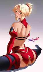 Rule 34 | 1girl, arm support, artist name, ass, bare shoulders, blonde hair, blush, boots, braid, commentary, detached sleeves, english commentary, fate/apocrypha, fate (series), gradient background, green eyes, hair ornament, hair scrunchie, highres, linea nigra, looking at viewer, looking back, mordred (fate), mordred (fate/apocrypha), muscular, muscular female, open mouth, ponytail, red scrunchie, scrunchie, shoulder blades, solo, split, teeth, thigh boots, thighhighs, thighs, tongue, upper teeth only, zealyush