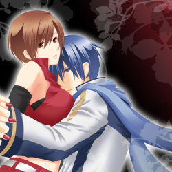 Rule 34 | 1boy, 1girl, blue coat, blue eyes, blue hair, blue scarf, breast pillow, breasts, brown eyes, brown hair, closed mouth, coat, commentary request, crop top, hair between eyes, hetero, holding hands, kaito (vocaloid), large breasts, looking at viewer, looking to the side, meiko (vocaloid), multicolored coat, red shirt, scarf, shirt, short hair, sleeveless, sleeveless shirt, tomo-graphy, two-tone coat, upper body, vocaloid, white coat
