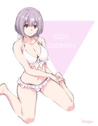 Rule 34 | 10s, 1girl, barefoot, bikini, bob cut, breasts, cleavage, collarbone, copyright name, frilled bikini, frills, front-tie top, full body, gridman universe, highres, hmng, looking at viewer, navel, purple hair, red hair, shinjou akane, short hair, simple background, sitting, solo, ssss.gridman, swimsuit, triangle, wariza, white background