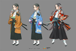 Rule 34 | 1girl, copyright name, dango, dual wielding, eating, floral print, flower, food, grey background, grey eyes, grey hair, hair flower, hair ornament, hakama, hakama skirt, holding, holding sword, holding weapon, japanese clothes, katana, long hair, looking at viewer, multiple views, official art, open mouth, ponytail, qurare magic library, sandals, sanshoku dango, sheath, sheathed, sidelocks, skirt, sword, wagashi, weapon, white legwear, zzinp