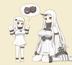 Rule 34 | 10s, 2girls, abyssal ship, ahoge, bad id, bad pixiv id, bare shoulders, barefoot, breast padding, breasts, claws, colored skin, detached sleeves, dress, horns, kantai collection, large breasts, long hair, md5 mismatch, mittens, mozukusa, multiple girls, northern ocean princess, red eyes, revision, ribbed dress, seaport princess, short dress, simple background, single horn, sitting, standing, white hair, white skin