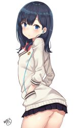 Rule 34 | 10s, 1girl, akino ell, ass, black hair, black skirt, blue eyes, blush, bow, cardigan, closed mouth, commentary request, cowboy shot, earbuds, earphones, gridman universe, hair between eyes, hands in pockets, head tilt, highres, long hair, looking at viewer, looking to the side, microskirt, miniskirt, pleated skirt, red bow, shirt, signature, simple background, skirt, solo, ssss.gridman, takarada rikka, white background, white cardigan, white shirt