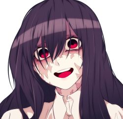 Rule 34 | 1girl, black hair, blouse, burn scar, collared shirt, crazy, crazy eyes, high collar, hz (666v), long hair, looking at viewer, open mouth, original, patchwork skin, red eyes, scar, shirt, smile, teeth, tongue, upper body, upper teeth only, white background, white shirt