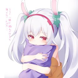 Rule 34 | 1girl, :o, animal ears, azur lane, bare shoulders, blush, brown shirt, commentary request, gradient background, green scrunchie, grey background, hair ornament, hair scrunchie, hairband, kokone (coconeeeco), laffey (azur lane), long hair, hugging object, off-shoulder shirt, off shoulder, parted lips, pillow, pillow hug, rabbit ears, red eyes, red hairband, scrunchie, shirt, short sleeves, silver hair, solo, translation request, twintails, upper body, very long hair, white background