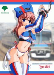 Rule 34 | 1girl, 2000s (style), archived source, arms up, ashita yaru, bare shoulders, blue eyes, blue hat, blue sleeves, blue thighhighs, bound, bound wrists, breasts, chain, closed mouth, commentary request, detached sleeves, drop shadow, dual persona, frown, furrowed brow, hat, highleg, highleg panties, long hair, looking at viewer, medium breasts, multicolored sleeves, multicolored thighhighs, navel, original, panties, personification, pink hair, red hat, red sleeves, red thighhighs, solo, standing, thighhighs, train, two-tone headwear, underwear, white panties, white sleeves, white thighhighs